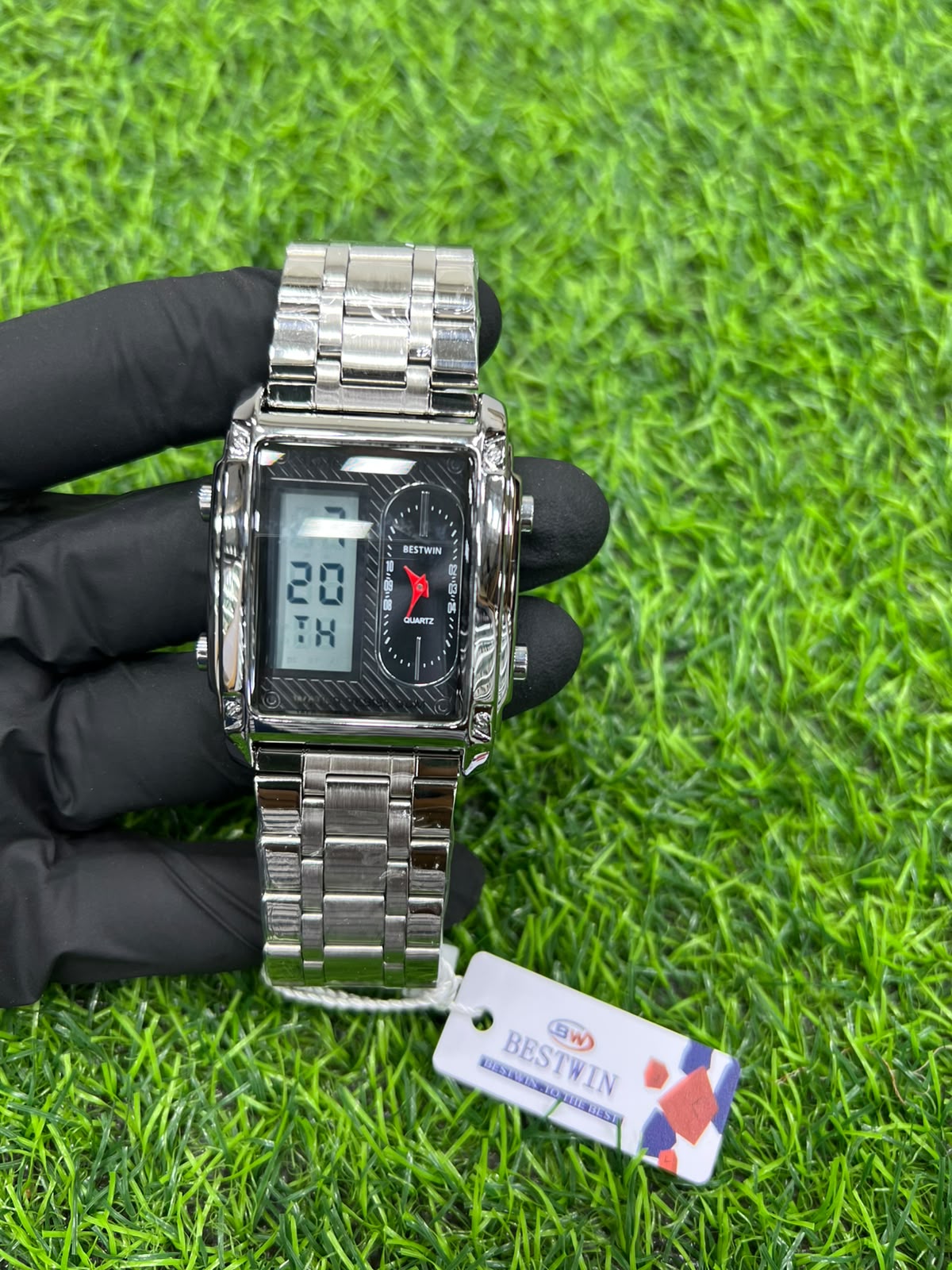 Bestwin Men's Dual Display Rectangular Stainless Steel Quartz Watch – Silver & Black