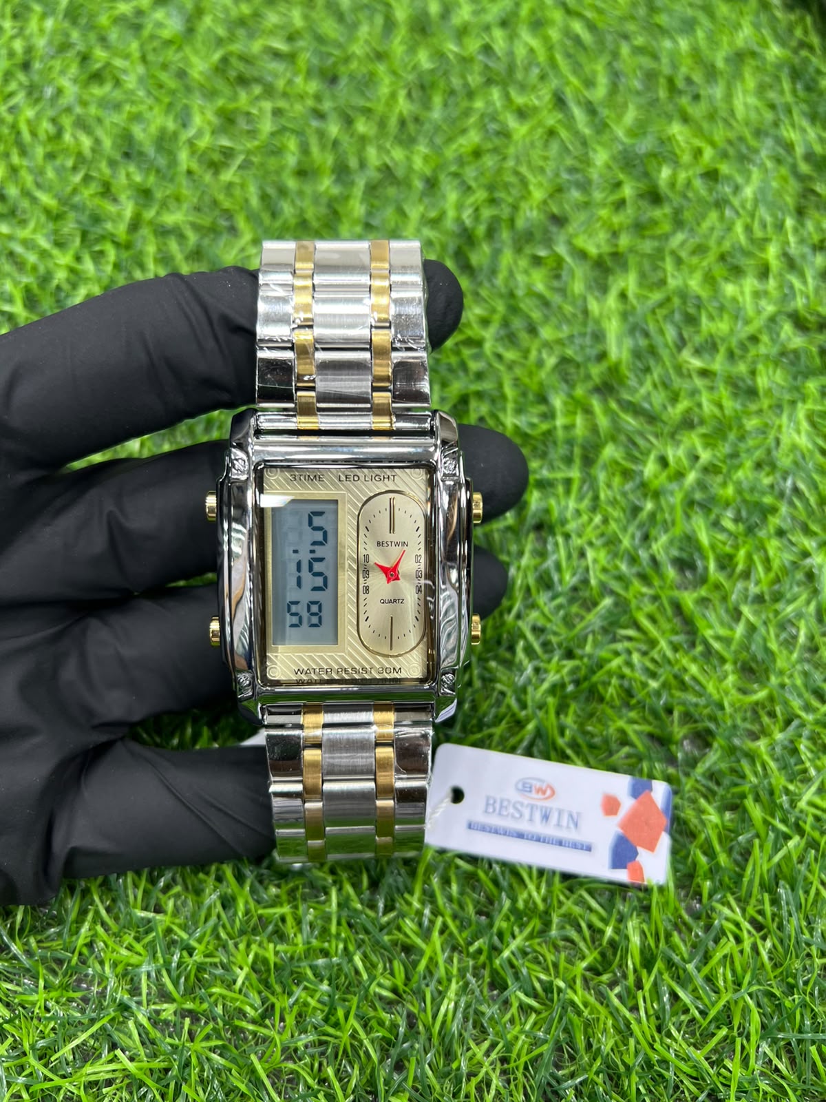 Bestwin Men's Dual Display Rectangular Quartz Digital Watch – Two-Tone Stainless Steel Strap